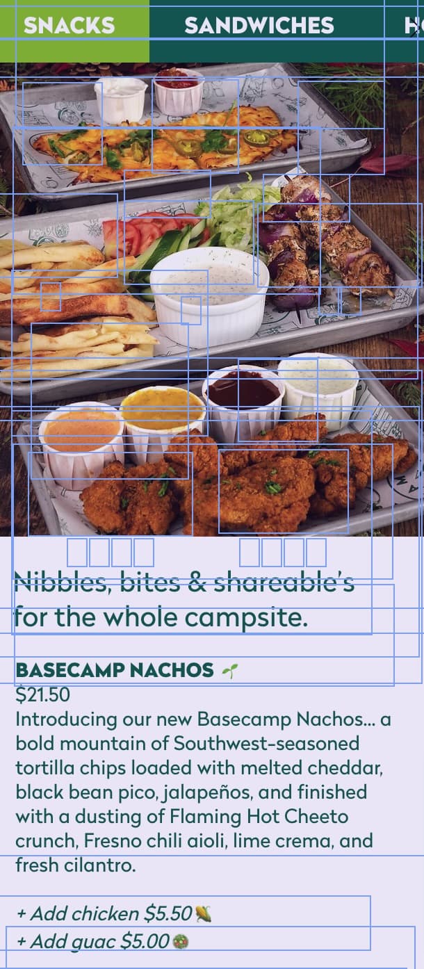 Close-up of the food menu in the old editor, every item and price a separate text box