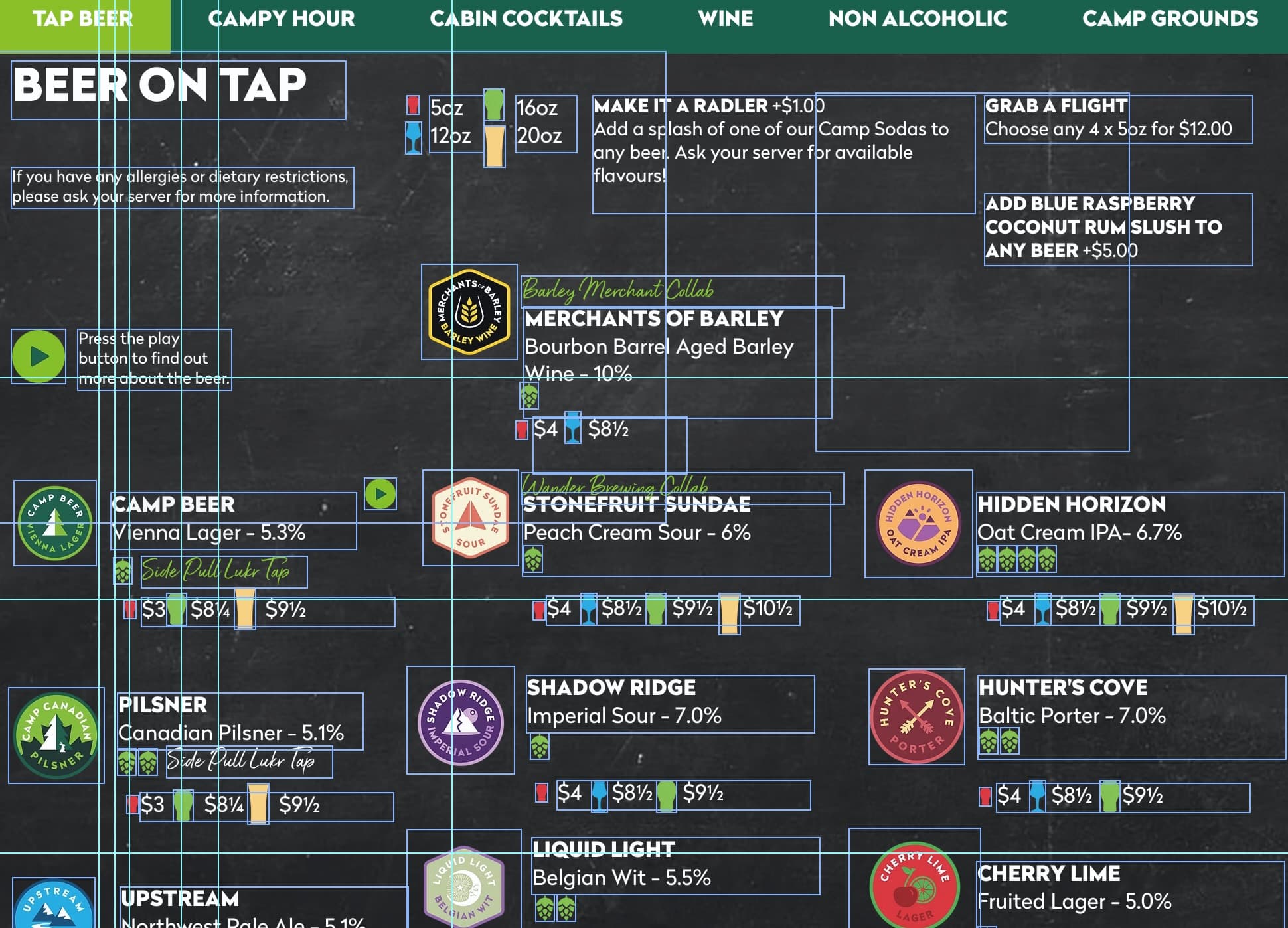 The old Wix editor with the taproom menu page open: dozens of overlapping selection outlines, one per hand-placed text box