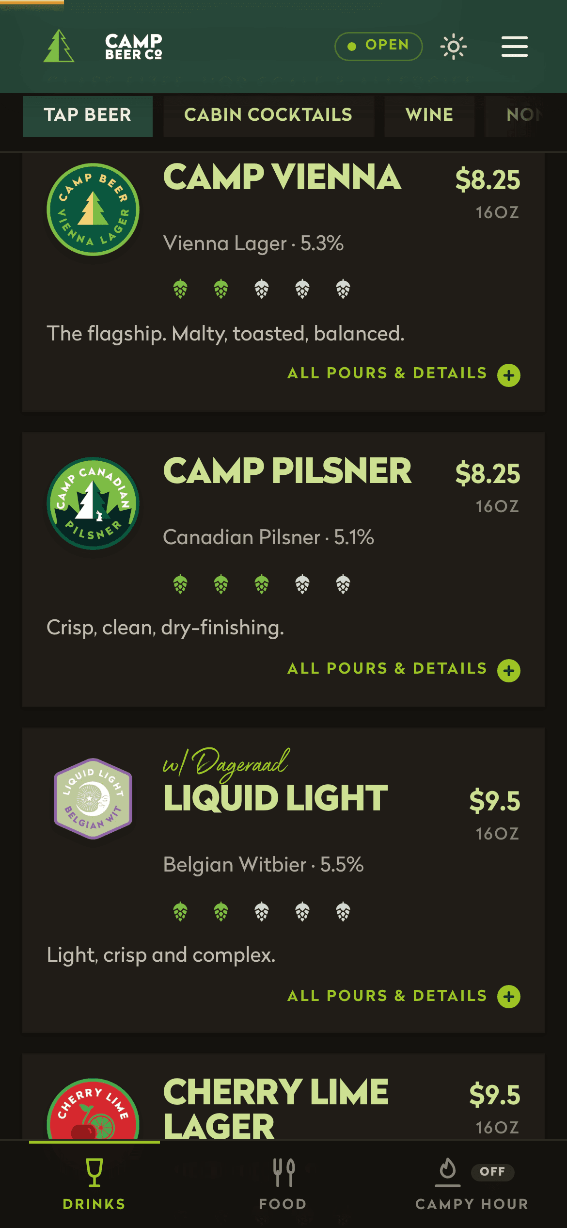 The taproom menu in dark mode: near-black background, the same beer cards re-lit for low light