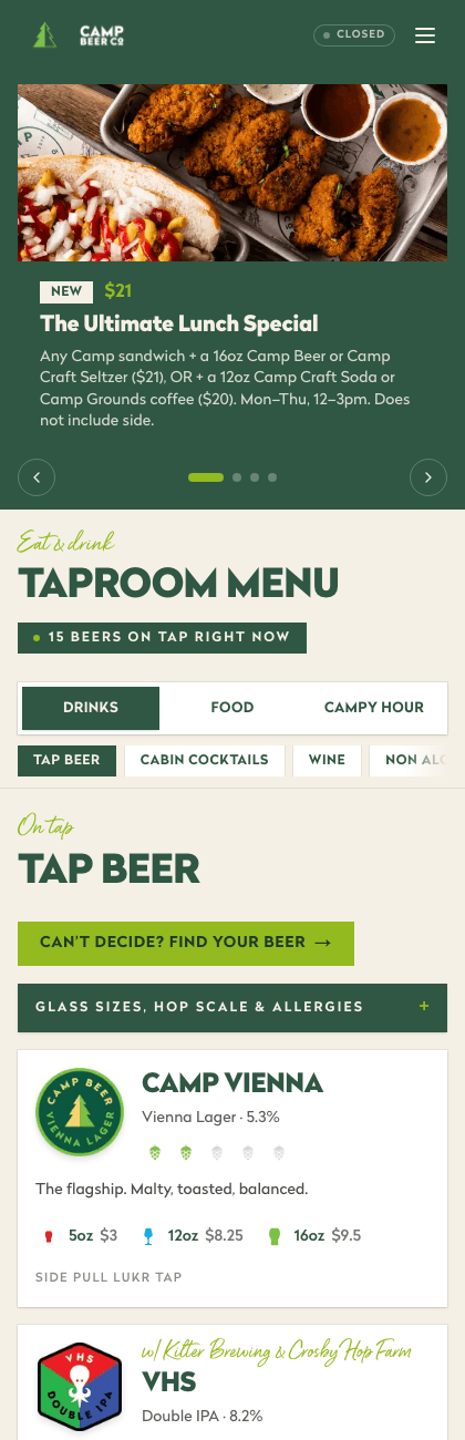 The mobile taproom menu on the new Camp Beer Co. site