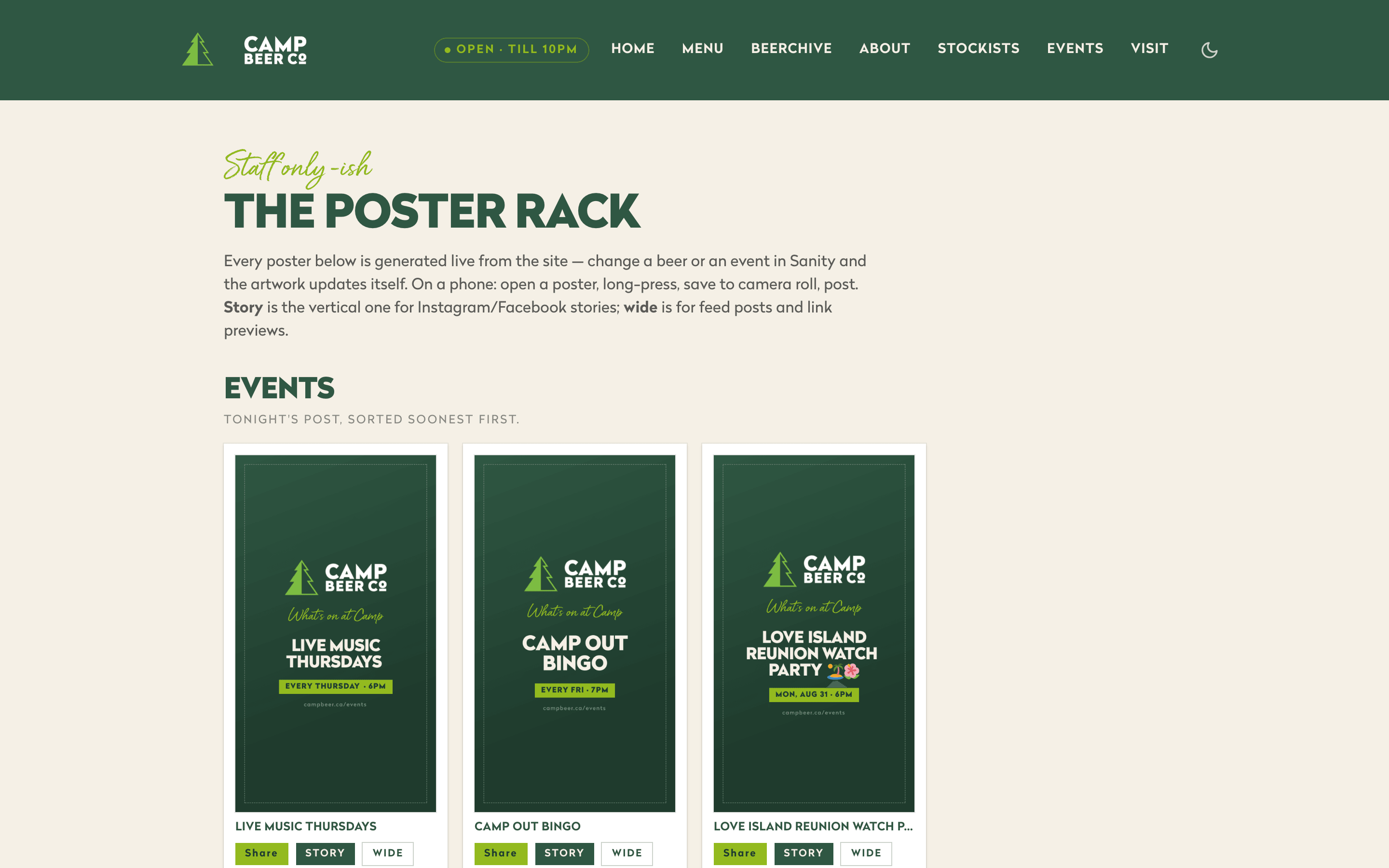 The Poster Rack staff page: rows of generated event and beer posters with share, story and wide buttons