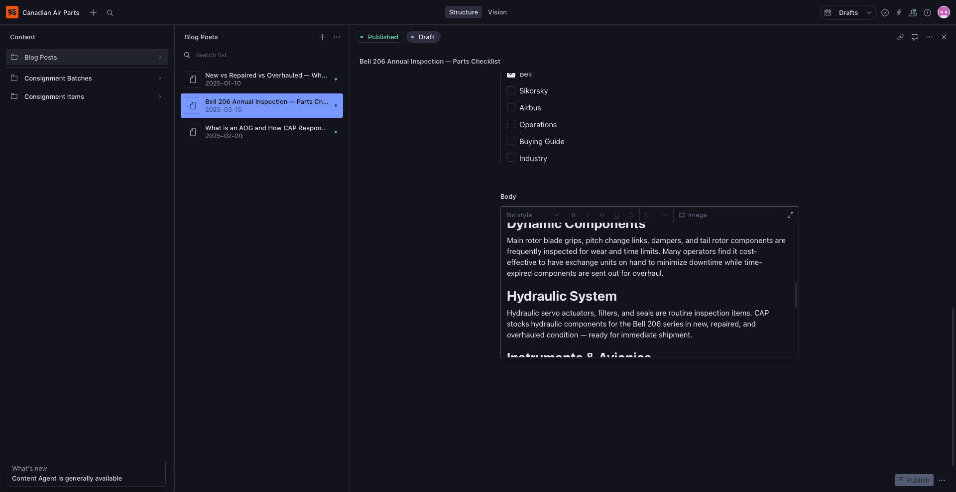Screenshot of the Sanity Studio editing a CAP Knowledge Base article